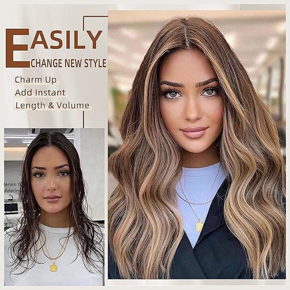 Highlight balayage dark brown Hairpieces, Light Brown&Honey Blonde - Picture 7 of 9